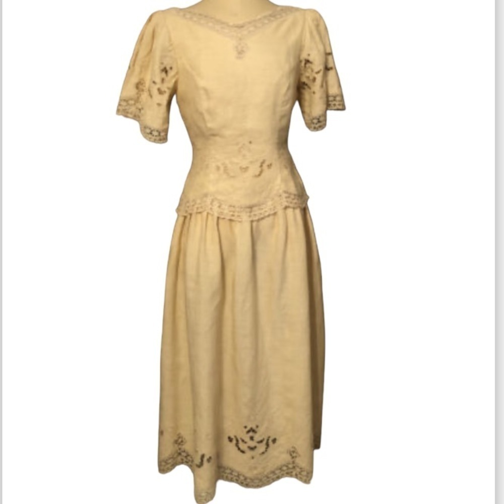 Vintage-1980s Kathie Lee Plaza Dress Sz 14 South Peplum Ramie-Cotton Lace Ivory